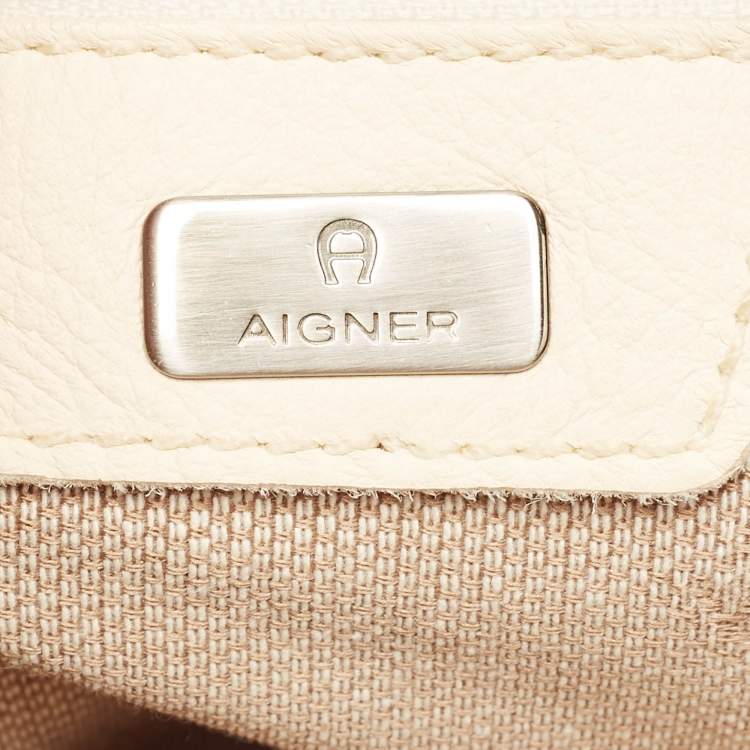 Pre Owned Aigner Brown/Off White Leather Logo Hobo