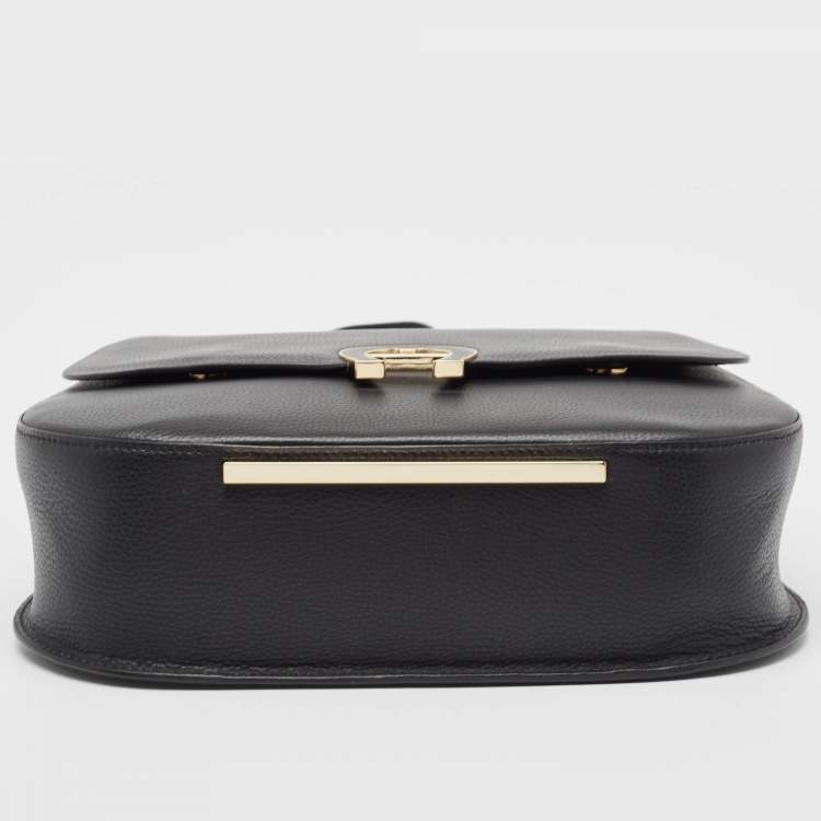 Pre Owned Aigner Black Leather Logo Flap Top Handle Bag