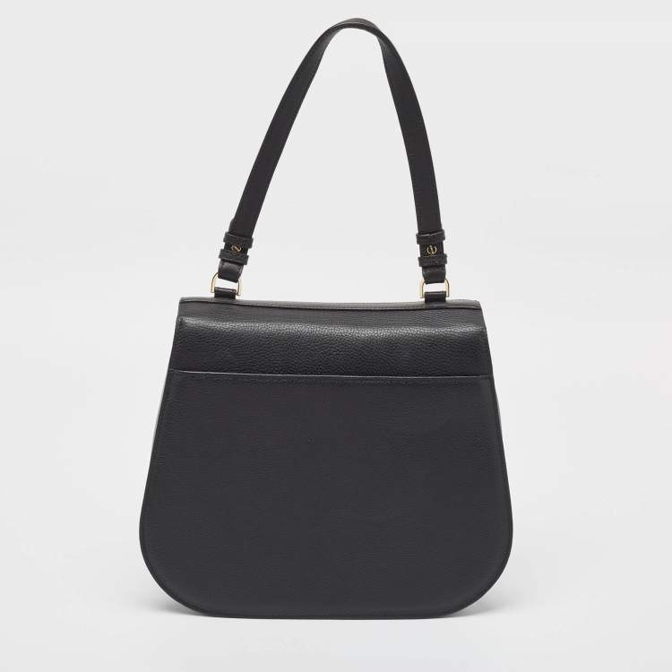 Pre Owned Aigner Black Leather Logo Flap Top Handle Bag