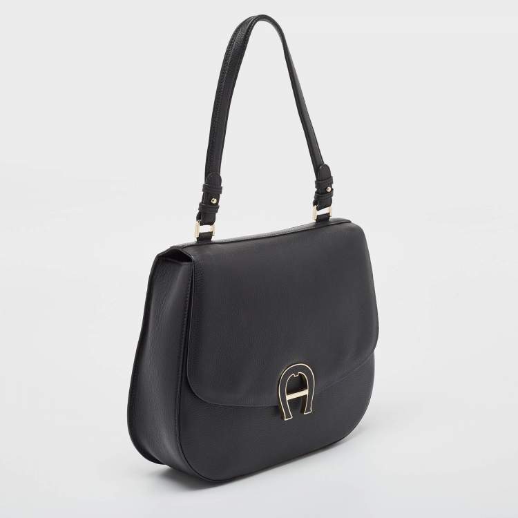 Pre Owned Aigner Black Leather Logo Flap Top Handle Bag
