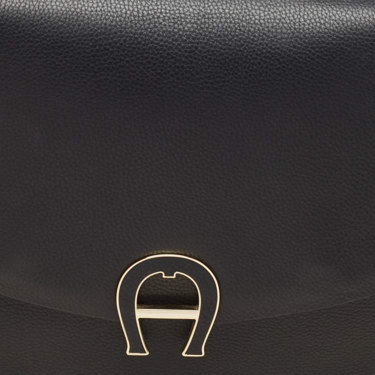 Pre Owned Aigner Black Leather Logo Flap Top Handle Bag