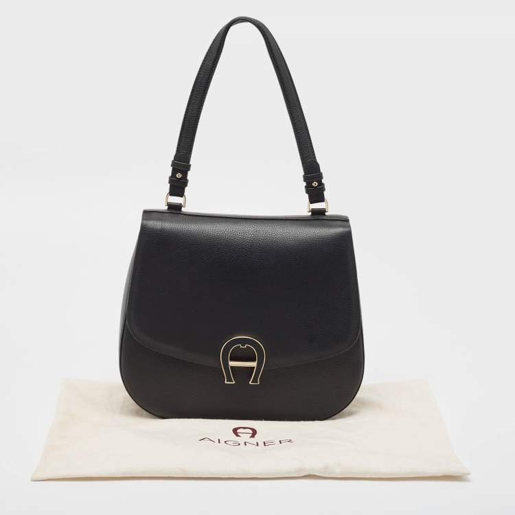 Pre Owned Aigner Black Leather Logo Flap Top Handle Bag