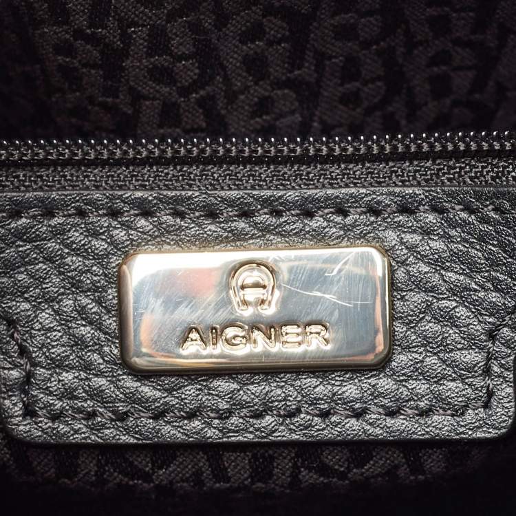 Pre Owned Aigner Black Leather Logo Flap Top Handle Bag