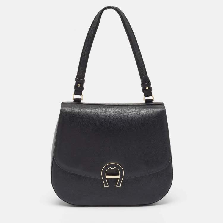 Pre Owned Aigner Black Leather Logo Flap Top Handle Bag