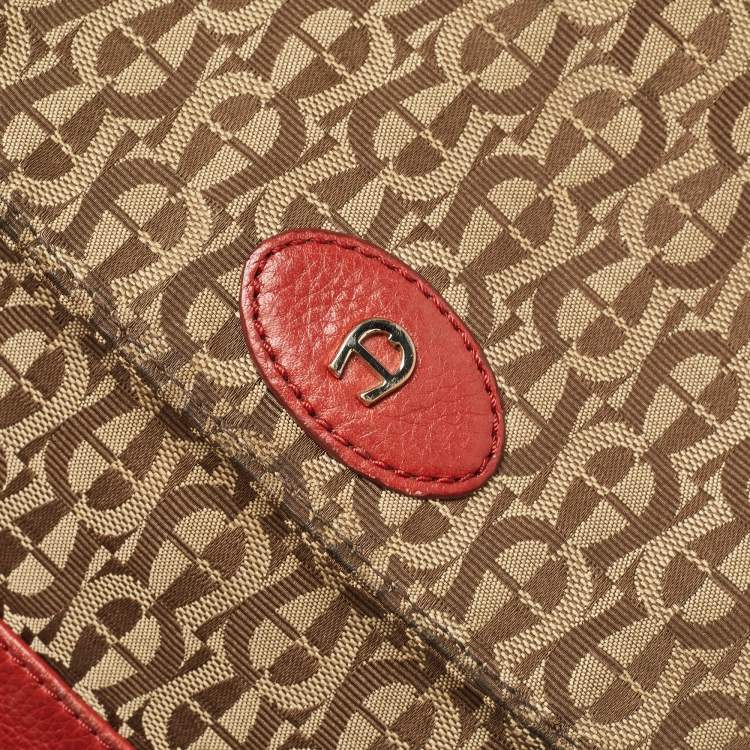 Pre Owned Aigner Beige/Red Signature Canvas and Leather Logo Flap Shoulder Bag