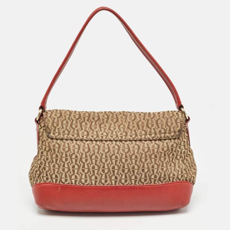 Pre Owned Aigner Beige/Red Signature Canvas and Leather Logo Flap Shoulder Bag