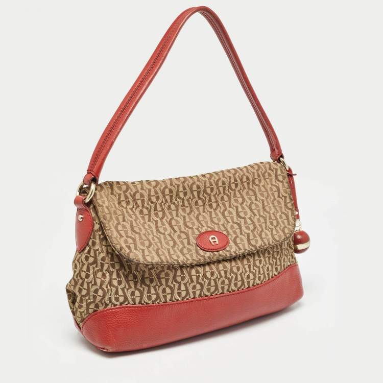 Pre Owned Aigner Beige/Red Signature Canvas and Leather Logo Flap Shoulder Bag