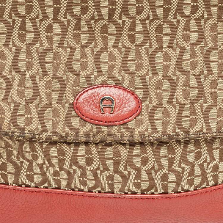 Pre Owned Aigner Beige/Red Signature Canvas and Leather Logo Flap Shoulder Bag
