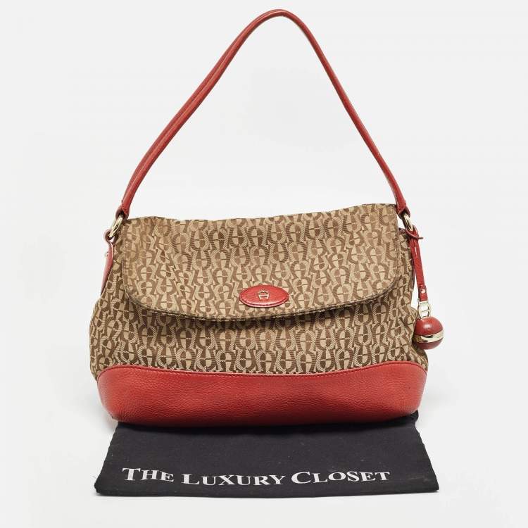 Pre Owned Aigner Beige/Red Signature Canvas and Leather Logo Flap Shoulder Bag