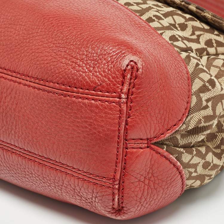 Pre Owned Aigner Beige/Red Signature Canvas and Leather Logo Flap Shoulder Bag
