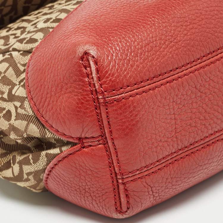 Pre Owned Aigner Beige/Red Signature Canvas and Leather Logo Flap Shoulder Bag