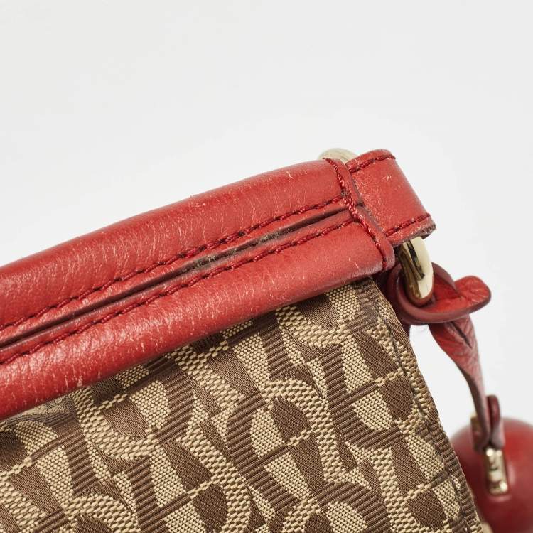Pre Owned Aigner Beige/Red Signature Canvas and Leather Logo Flap Shoulder Bag