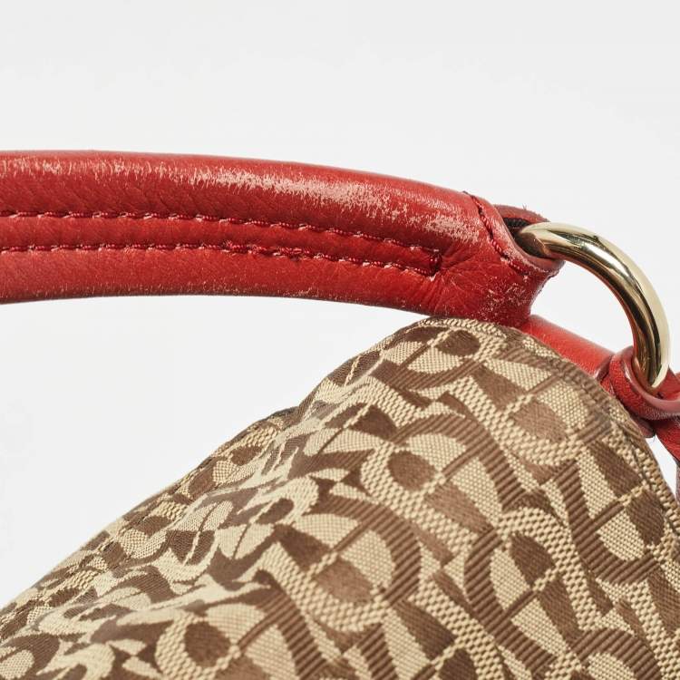 Pre Owned Aigner Beige/Red Signature Canvas and Leather Logo Flap Shoulder Bag