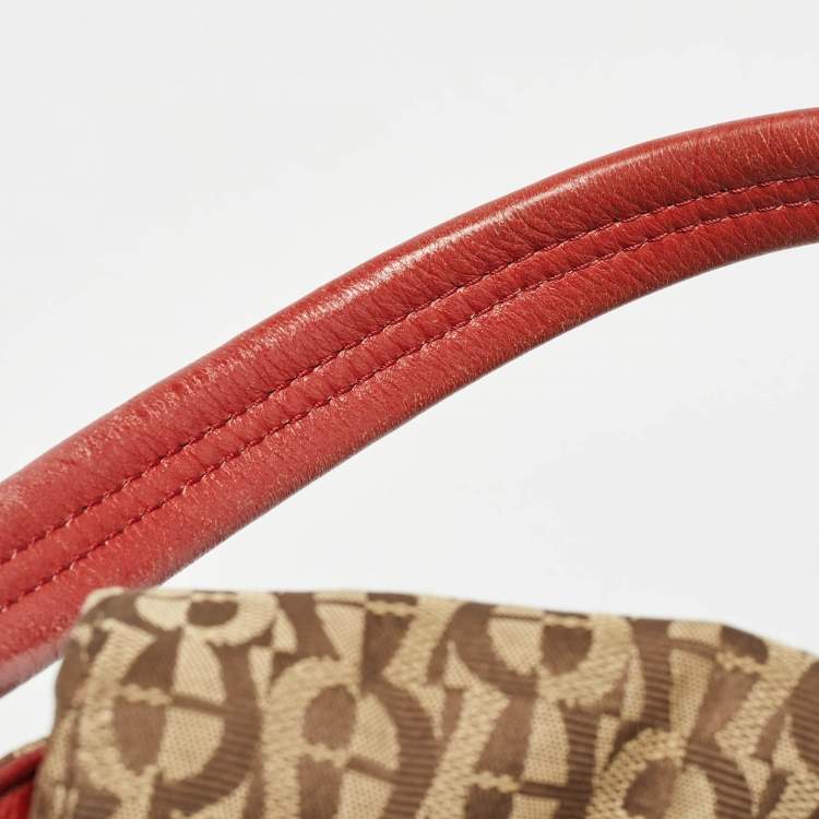 Pre Owned Aigner Beige/Red Signature Canvas and Leather Logo Flap Shoulder Bag