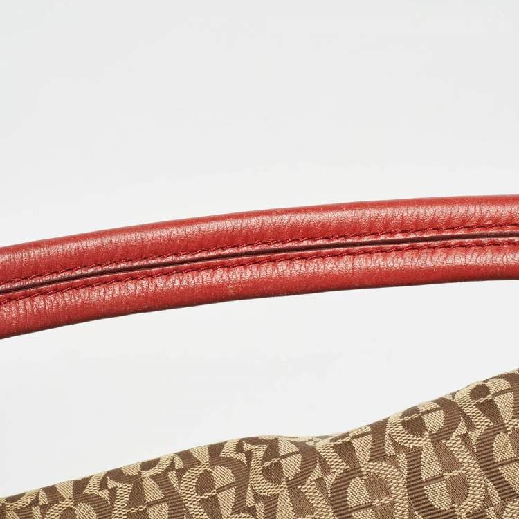 Pre Owned Aigner Beige/Red Signature Canvas and Leather Logo Flap Shoulder Bag