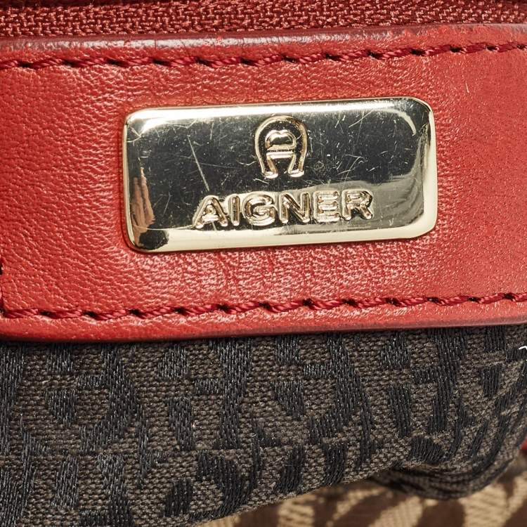 Pre Owned Aigner Beige/Red Signature Canvas and Leather Logo Flap Shoulder Bag