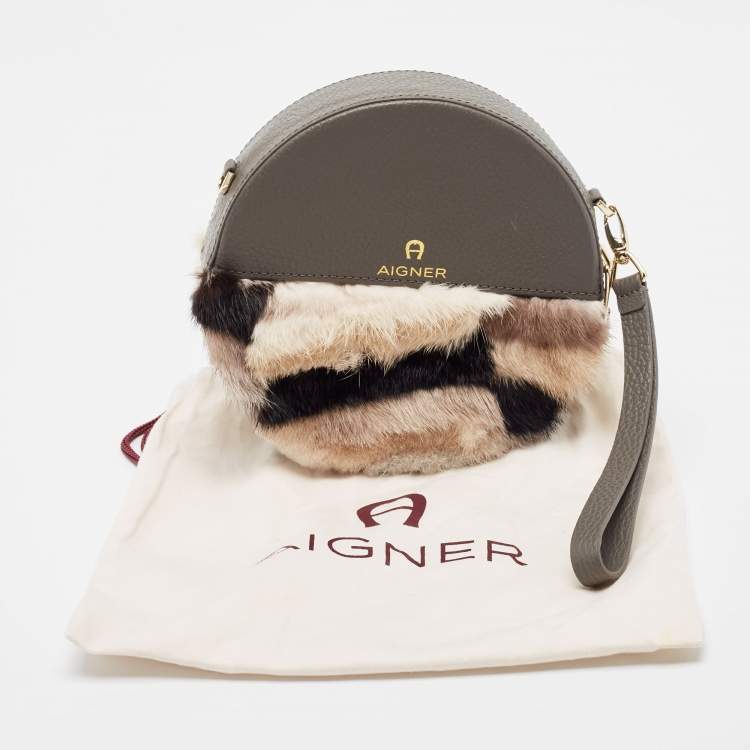 Pre Owned Aigner Grey Faux Fur and Leather Round Wristlet Clutch