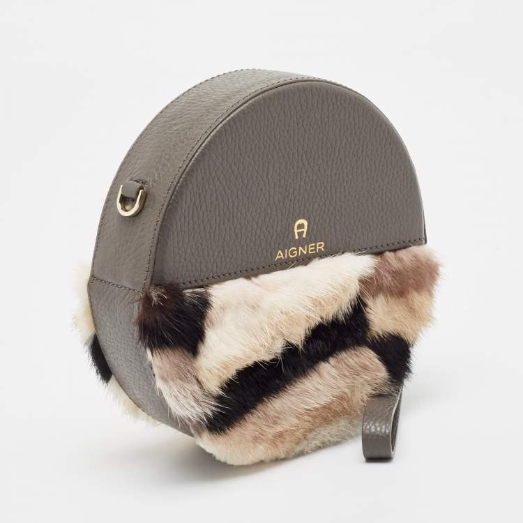 Pre Owned Aigner Grey Faux Fur and Leather Round Wristlet Clutch