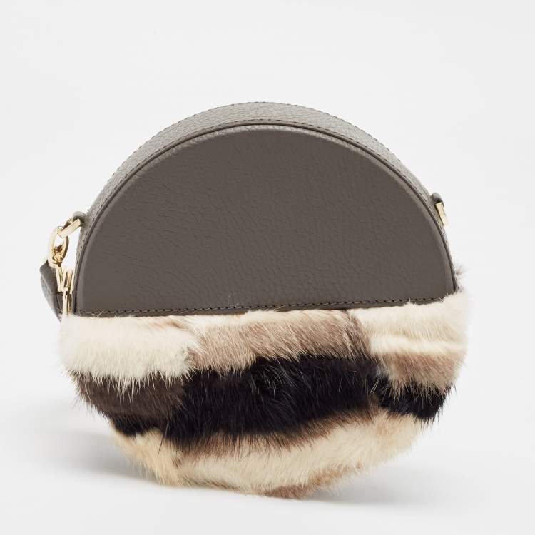 Pre Owned Aigner Grey Faux Fur and Leather Round Wristlet Clutch