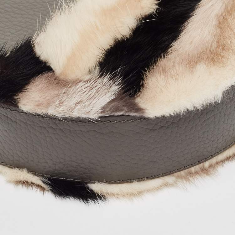 Pre Owned Aigner Grey Faux Fur and Leather Round Wristlet Clutch