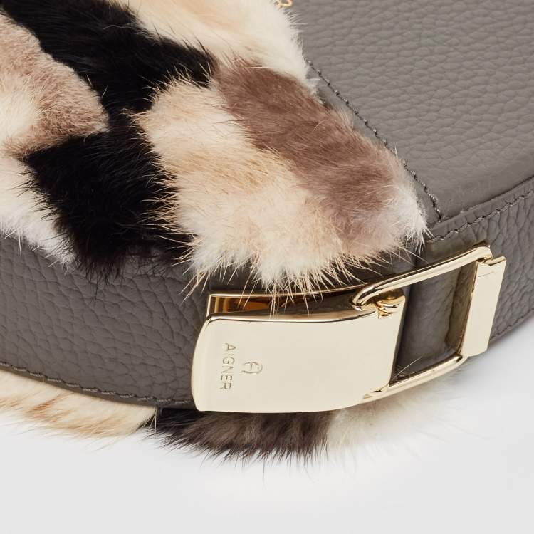 Pre Owned Aigner Grey Faux Fur and Leather Round Wristlet Clutch