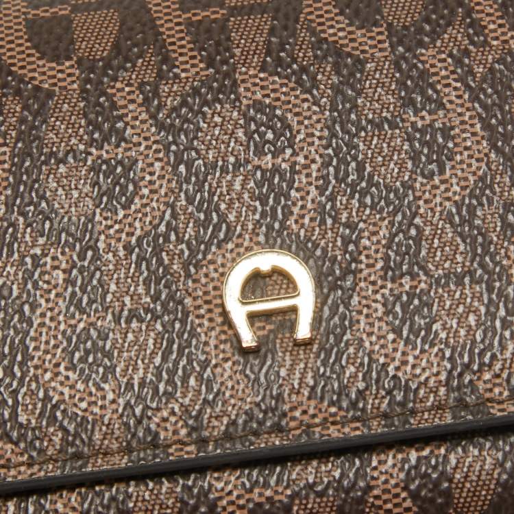 Pre Owned Aigner Dark Brown Monogram Coated Canvas Logo Trifold Wallet