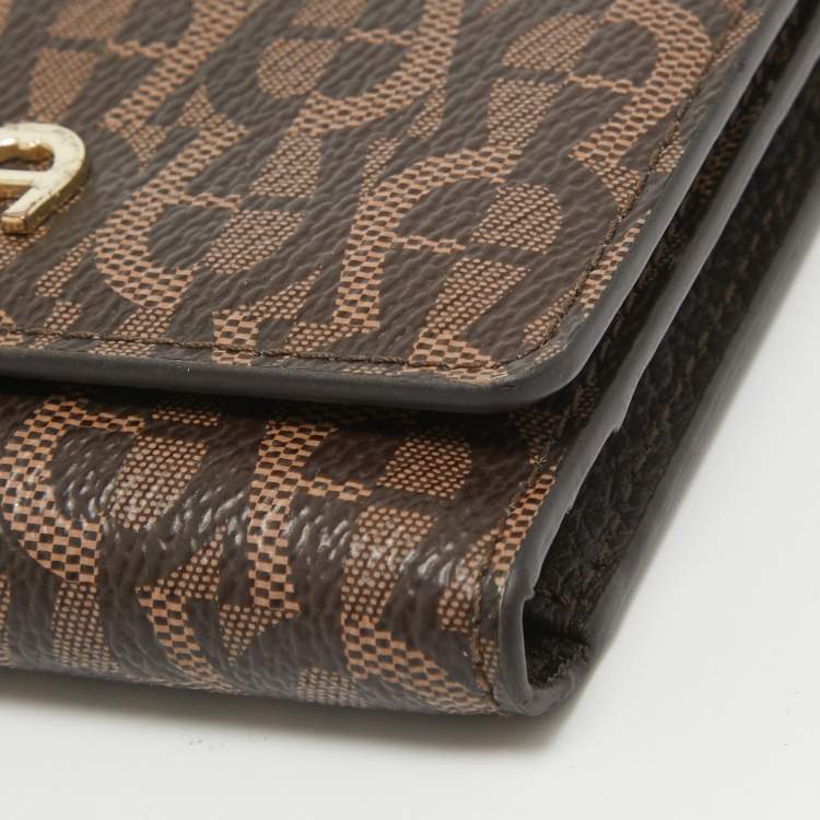 Pre Owned Aigner Dark Brown Monogram Coated Canvas Logo Trifold Wallet
