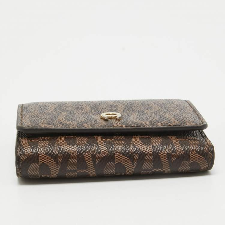 Pre Owned Aigner Dark Brown Monogram Coated Canvas Logo Trifold Wallet