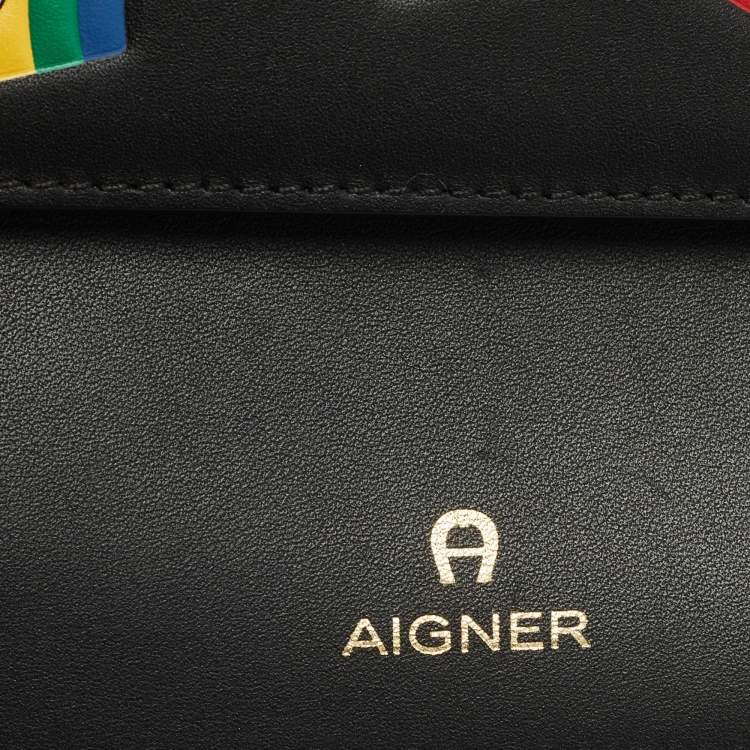 Pre Owned Aigner Black Leather Motif Zip Pouch