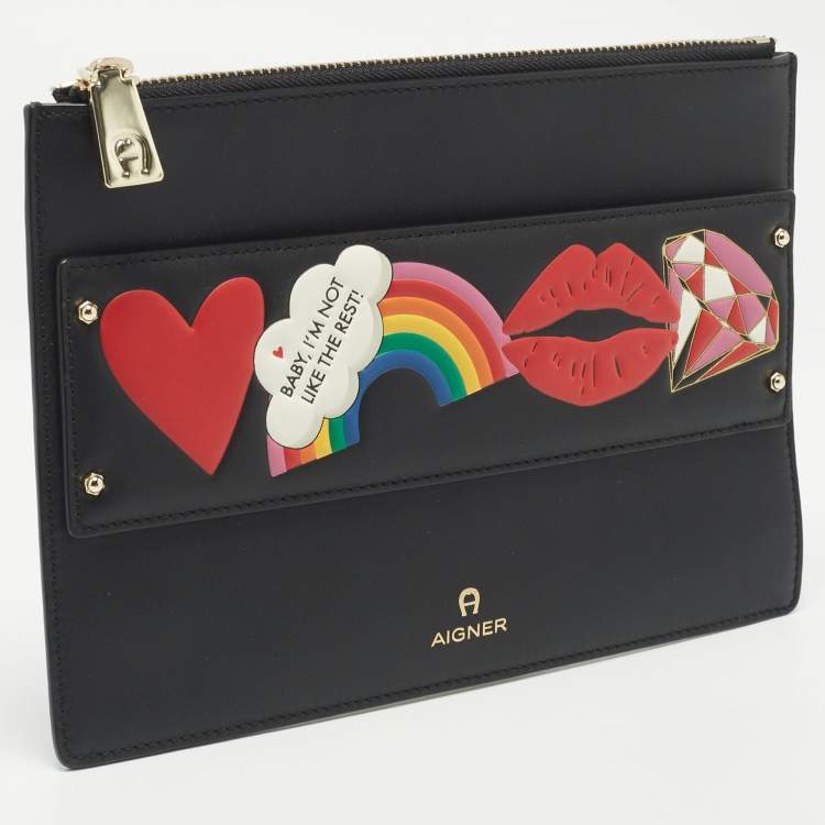 Pre Owned Aigner Black Leather Motif Zip Pouch