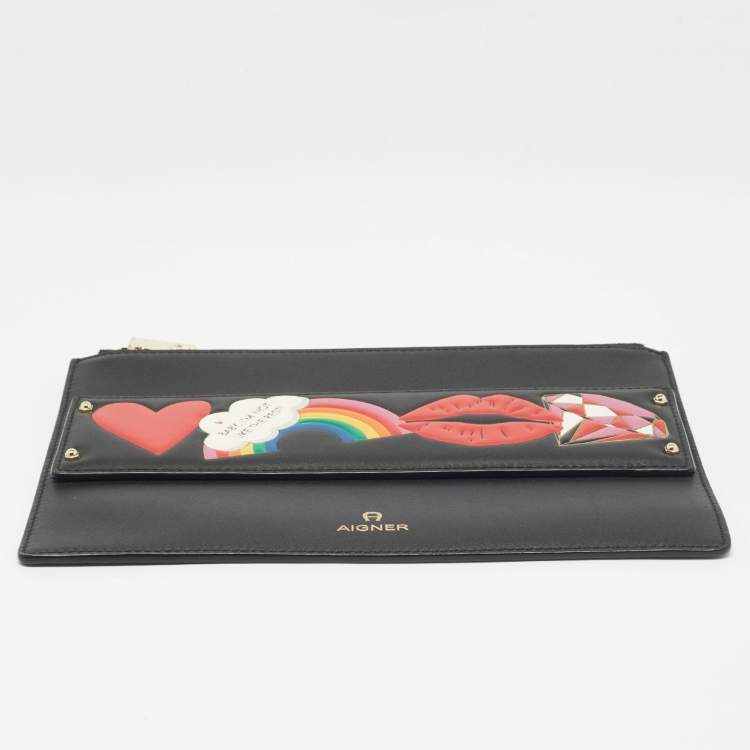 Pre Owned Aigner Black Leather Motif Zip Pouch