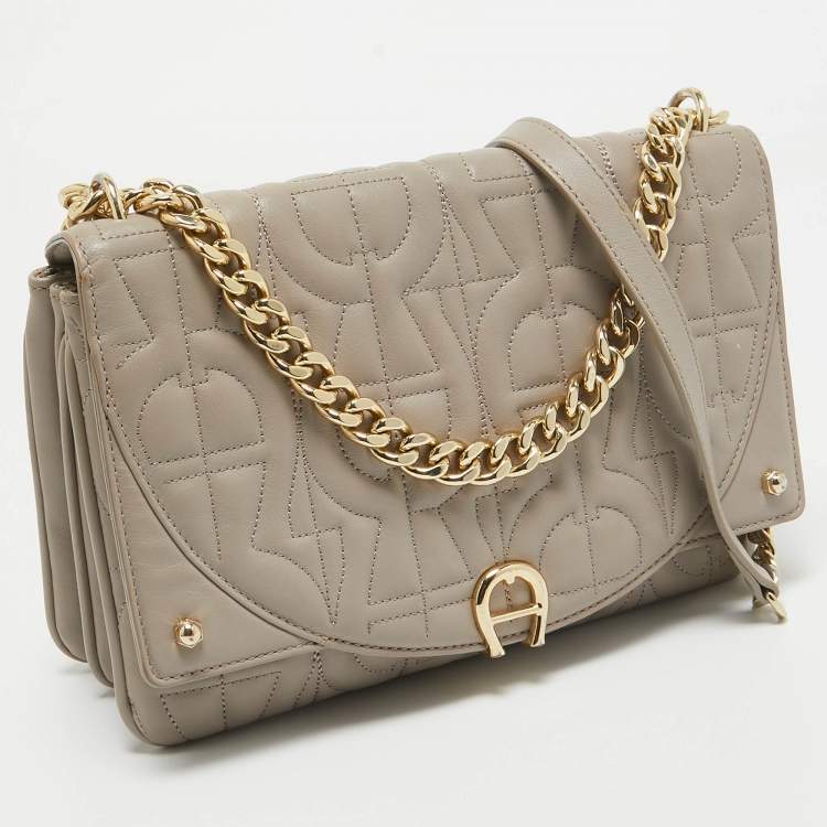 Pre Owned Aigner Taupe Signature Leather Small Diadora Crossbody Bag