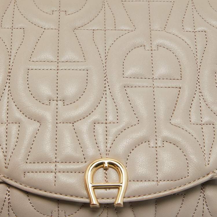 Pre Owned Aigner Taupe Signature Leather Small Diadora Crossbody Bag