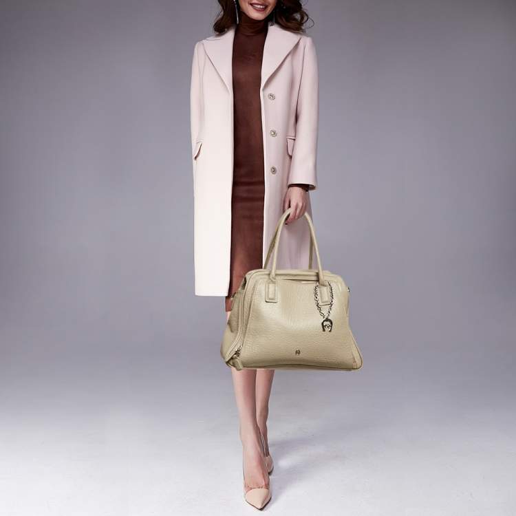 Pre Owned Aigner Light Beige Leather Double Zip Satchel