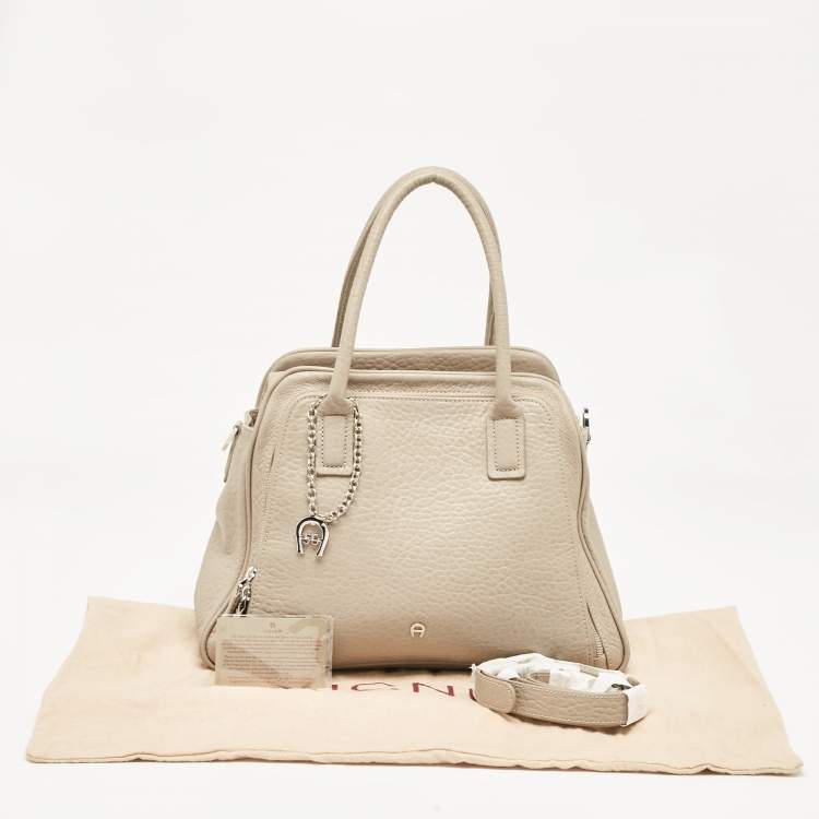 Pre Owned Aigner Light Beige Leather Double Zip Satchel