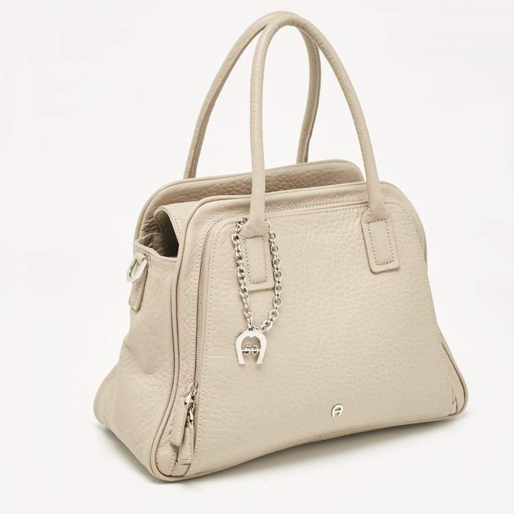 Pre Owned Aigner Light Beige Leather Double Zip Satchel