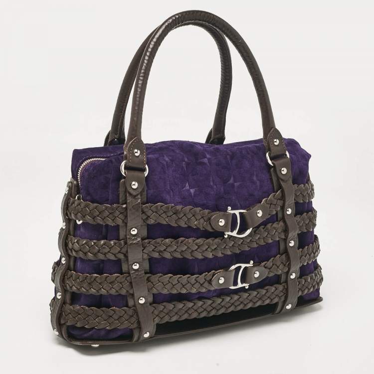 Pre Owned Aigner Dark Brown/Purple Leather and Suede Braided Cage Satchel