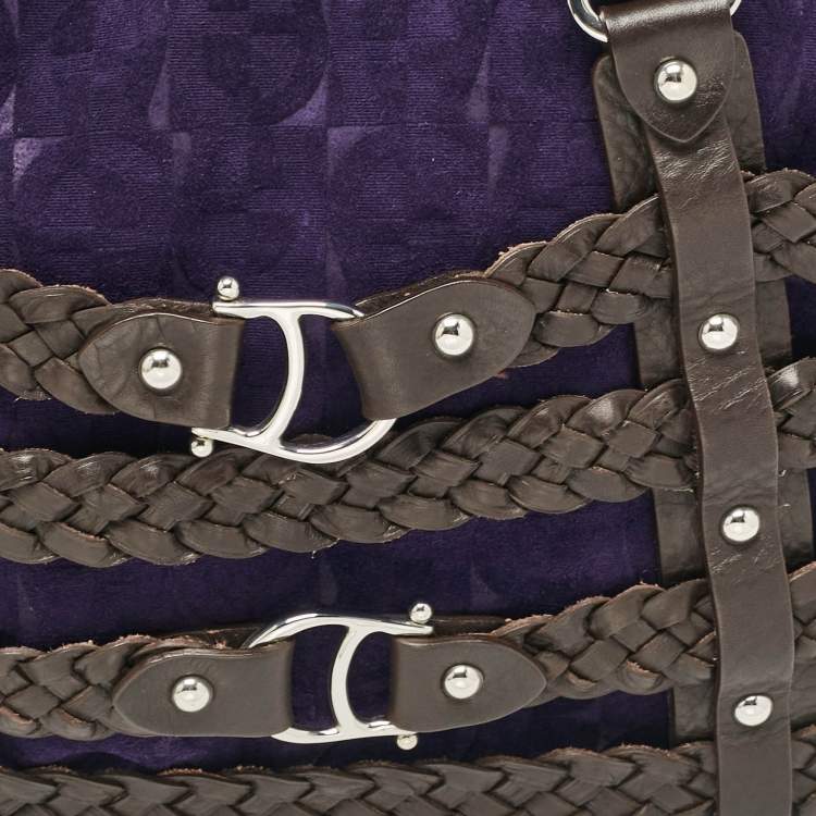 Pre Owned Aigner Dark Brown/Purple Leather and Suede Braided Cage Satchel