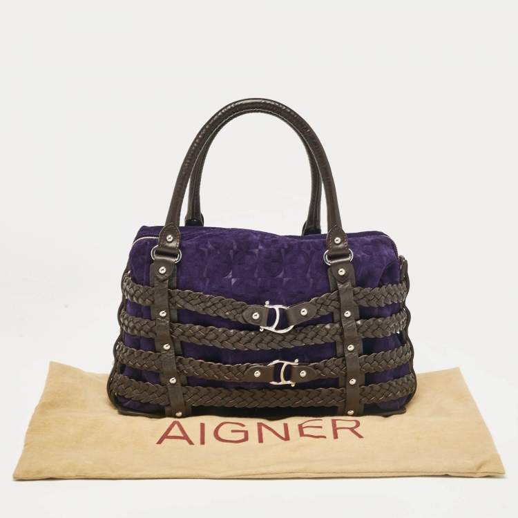 Pre Owned Aigner Dark Brown/Purple Leather and Suede Braided Cage Satchel