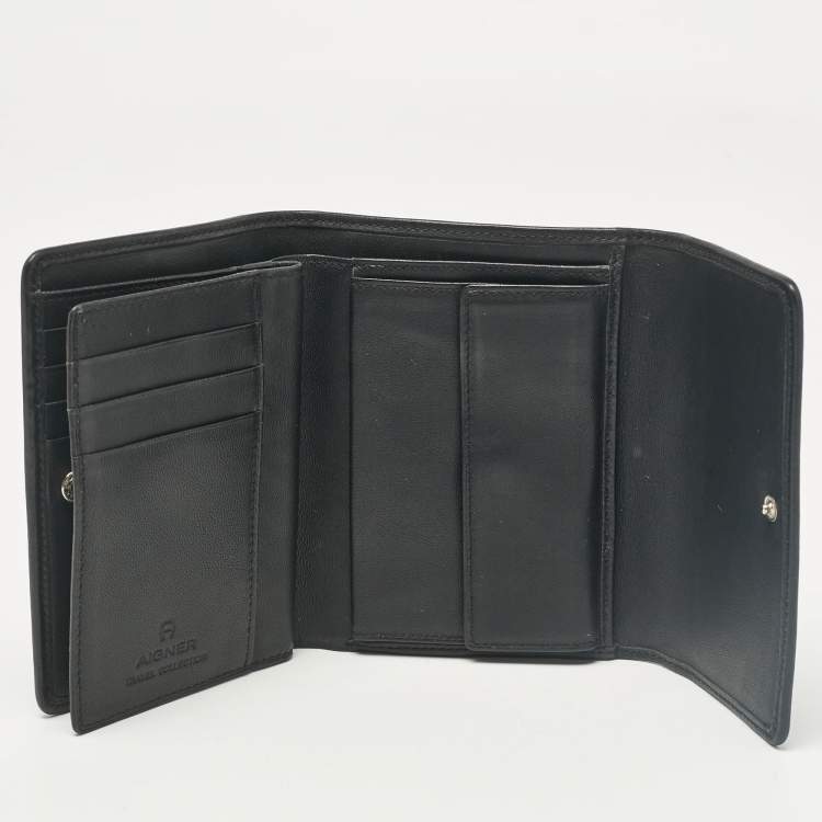 Pre Owned Aigner Black Monogram Fabric and Leather Trifold Wallet