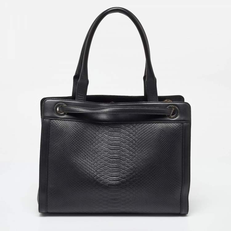 Pre Owned Aigner Black Croc Embossed Leather Cavallina Tote