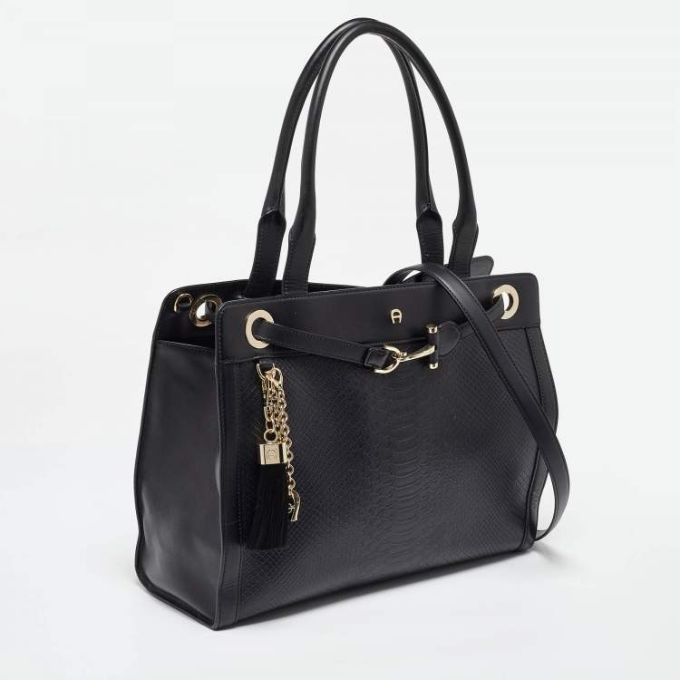Pre Owned Aigner Black Croc Embossed Leather Cavallina Tote