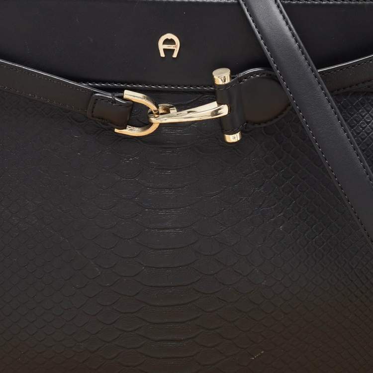 Pre Owned Aigner Black Croc Embossed Leather Cavallina Tote