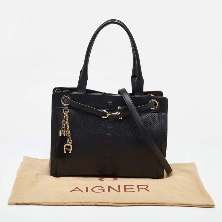 Pre Owned Aigner Black Croc Embossed Leather Cavallina Tote
