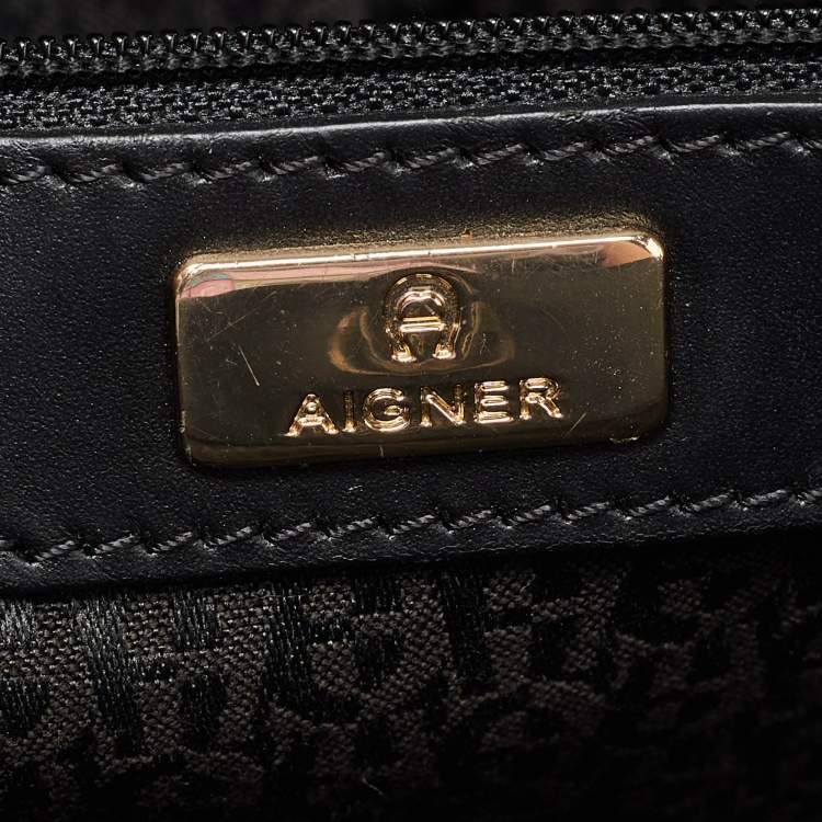 Pre Owned Aigner Black Croc Embossed Leather Cavallina Tote