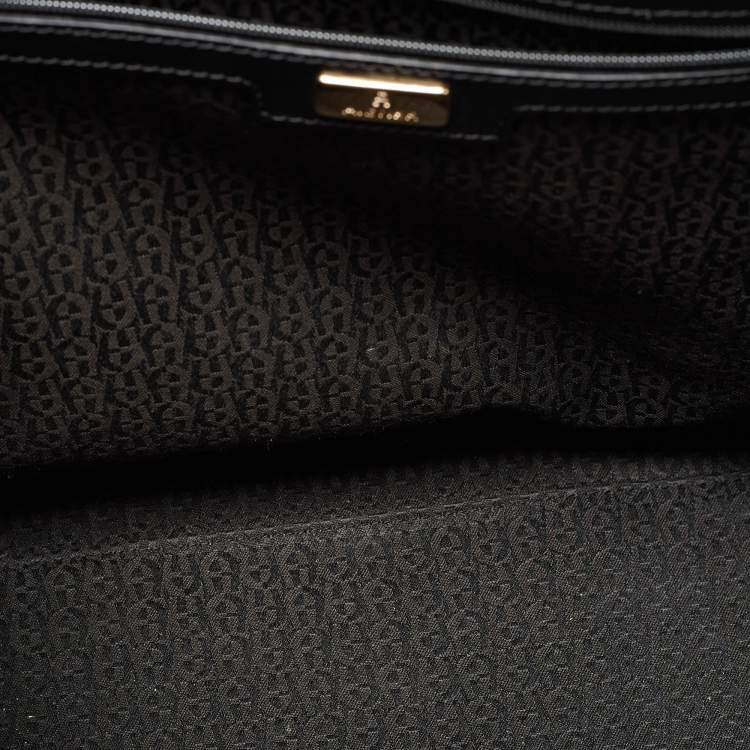 Pre Owned Aigner Black Croc Embossed Leather Cavallina Tote
