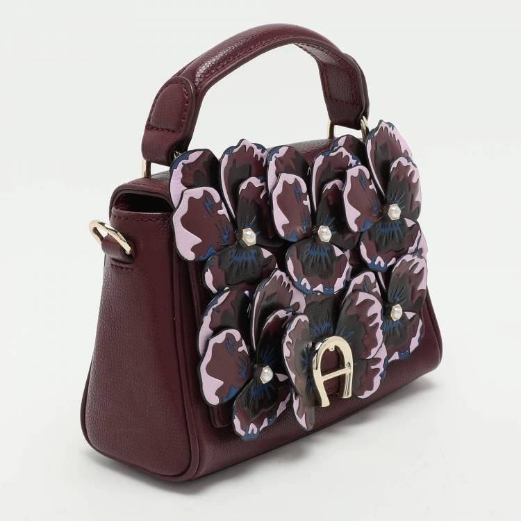 Pre Owned Aigner Burgundy Leather Embellished Top Handle Bag