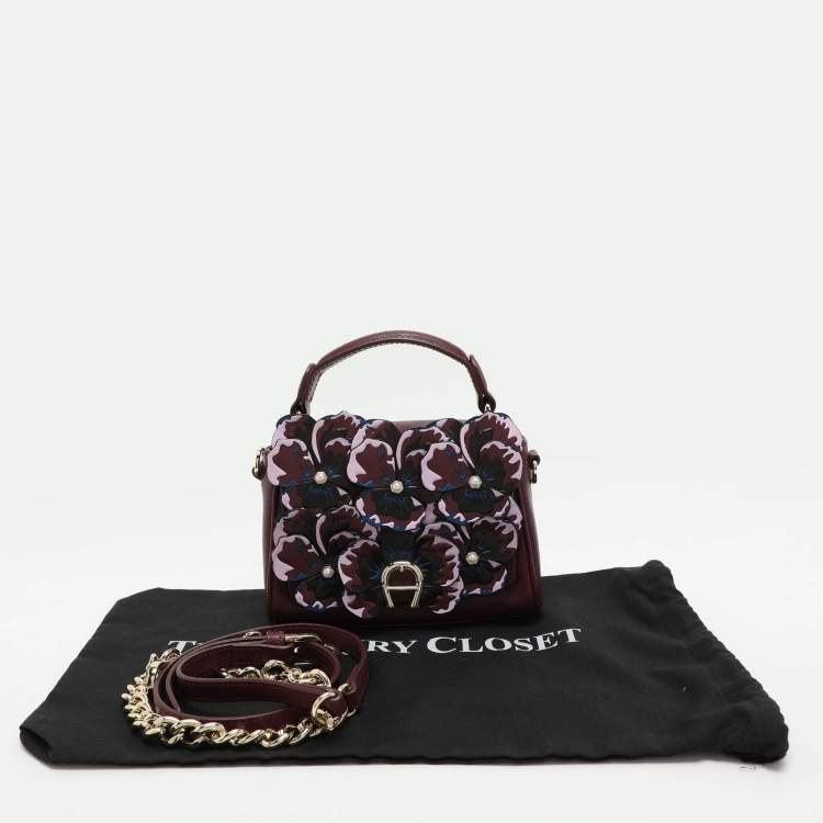 Pre Owned Aigner Burgundy Leather Embellished Top Handle Bag