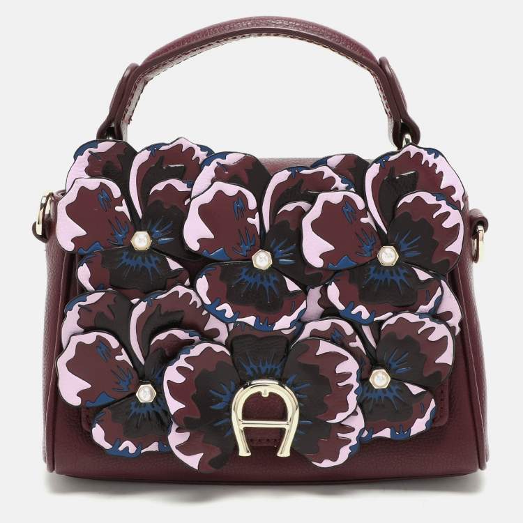 Pre Owned Aigner Burgundy Leather Embellished Top Handle Bag