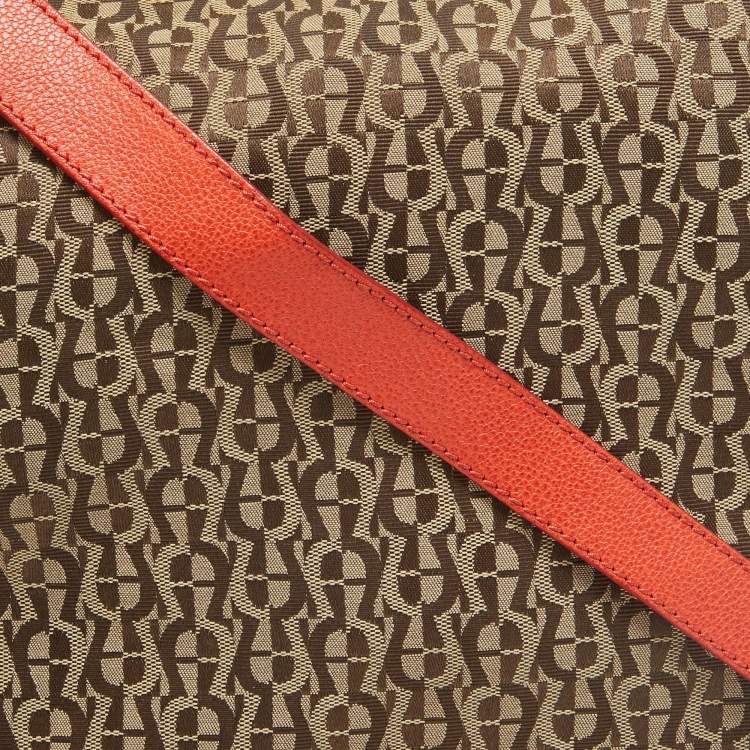 Pre Owned Aigner Beige/Orange Monogram Canvas and Leather Zip Crossbody Bag